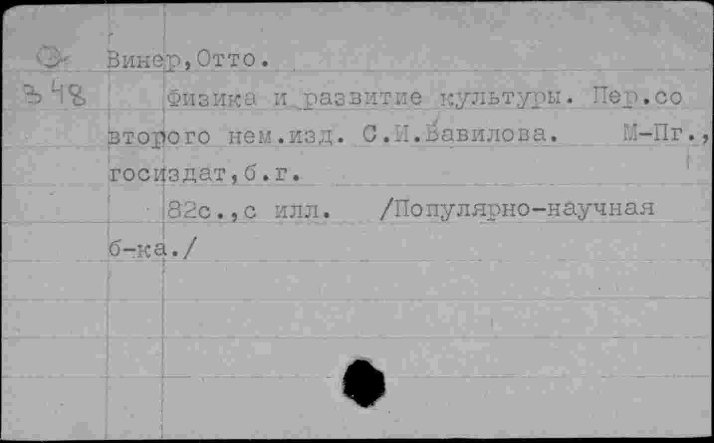 ﻿Винер,Отто.
Физика и „развитие культуры. Пеп.со второго нем.изд. С.И.Вавилова. М-Пг., Госиздат,б.г.
82с.,с илл. /Популярно-научная б-ка./